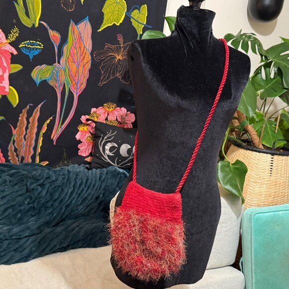 Handmade Crossbody Felted Bag, Fuzzy Eyelash Knit, Red - Picture 5 of 13